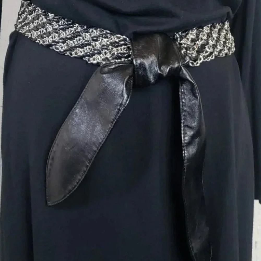 Unbranded Chain Braided Waist Belt‎ OS Black Silver Faux Leather Tie Wrap Edgy